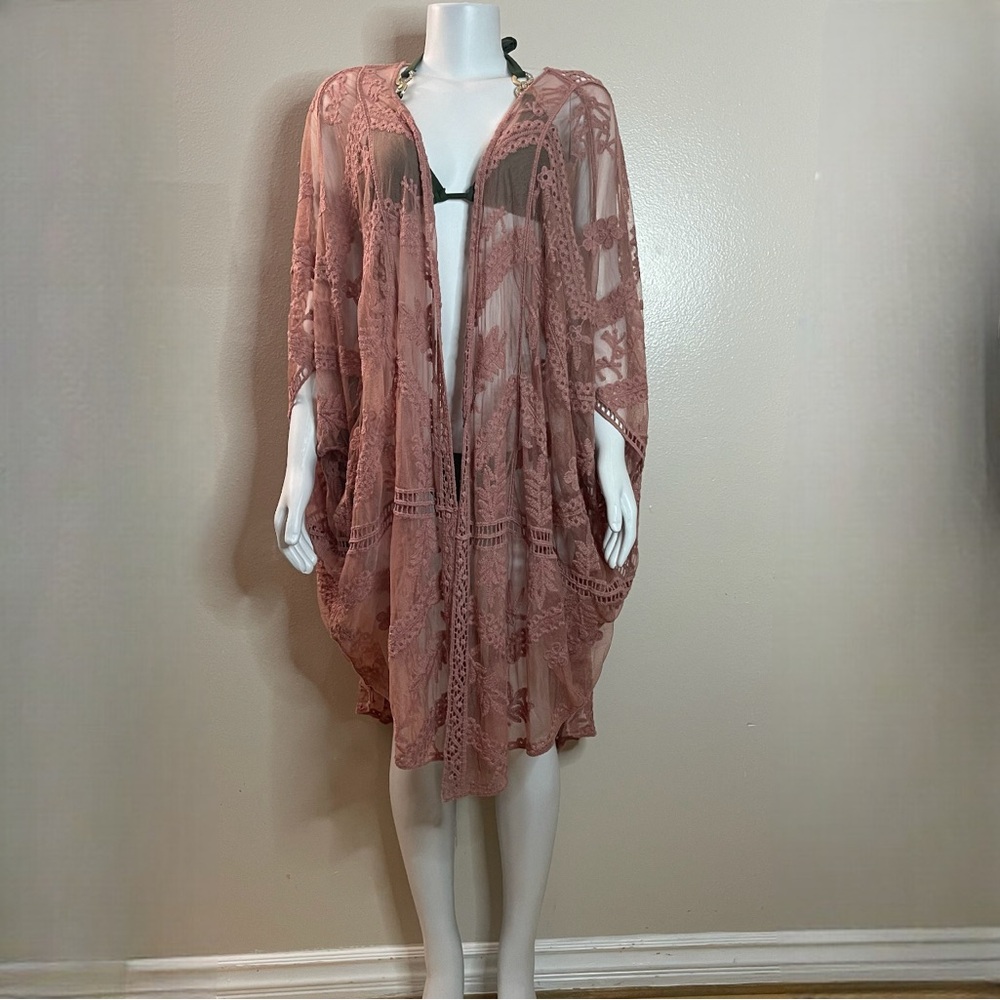 Dusty pink embroidered leaves mesh lace beach cover up kimono